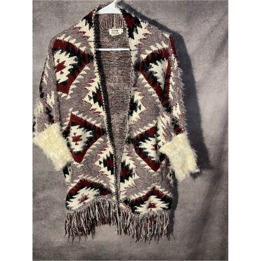 Molly Bracken Southwestern Fringe, Cardigan Sweater Aztec Geometric Shaggy Knit